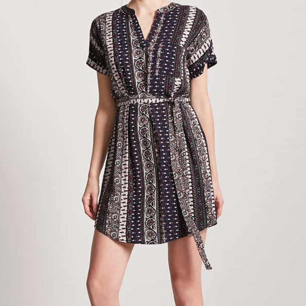 Belted Ornate Print Shift Dress NWT
